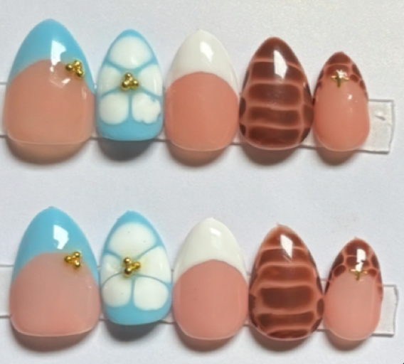 Blue flower and brown croc print nails