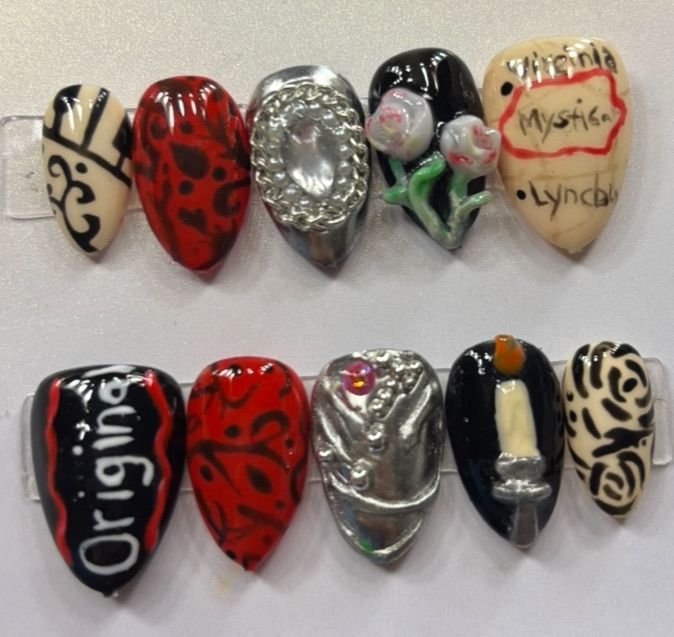 Virginia Mystics themed custom nails with red black and silver