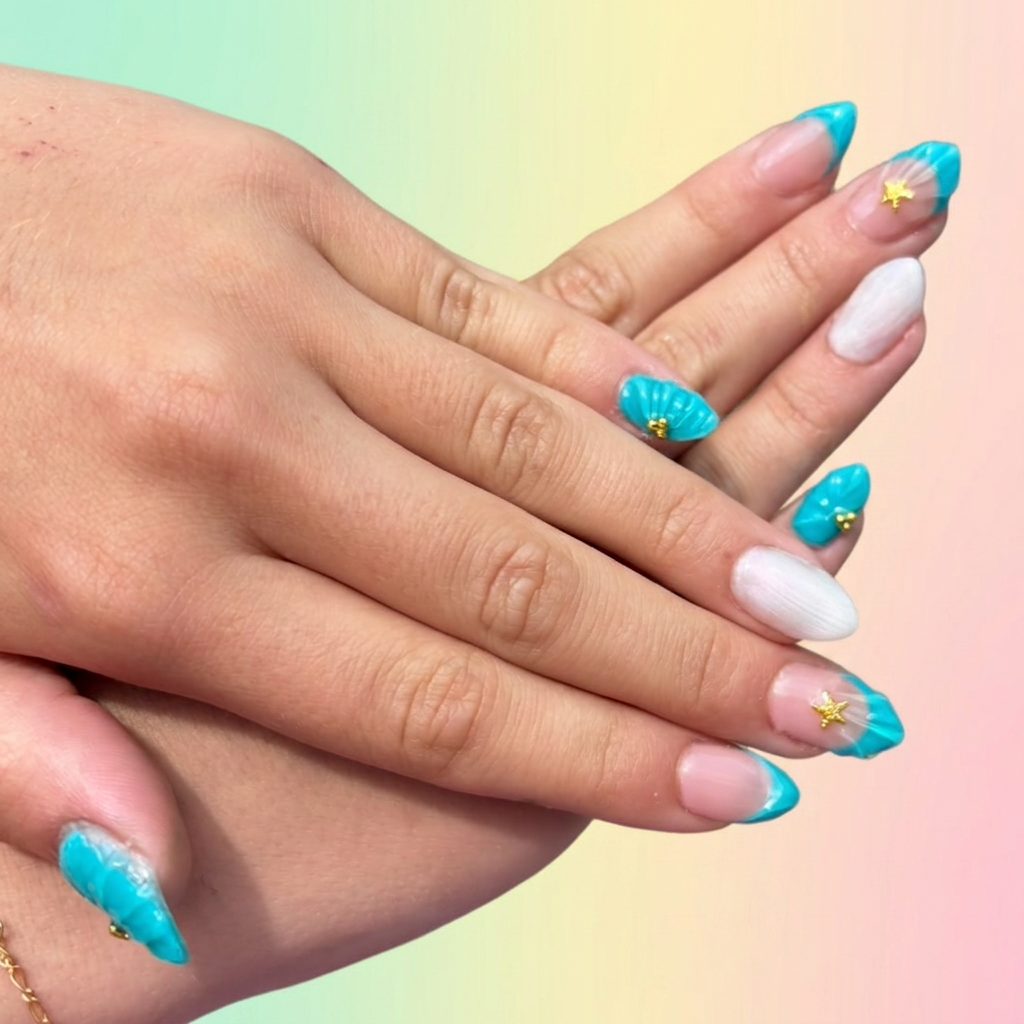 Turquoise seashell nails with gold stars