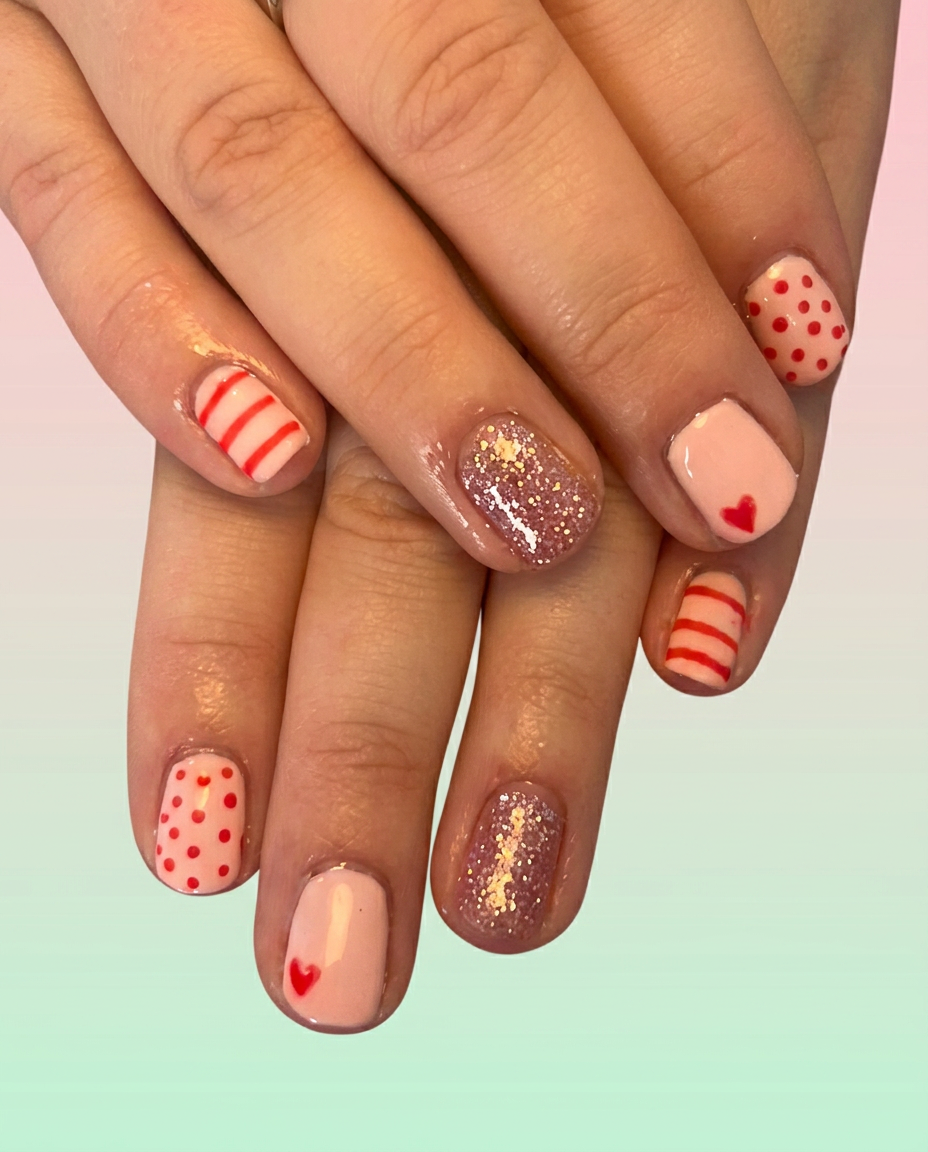 Pink heart, stripe and glitter nails