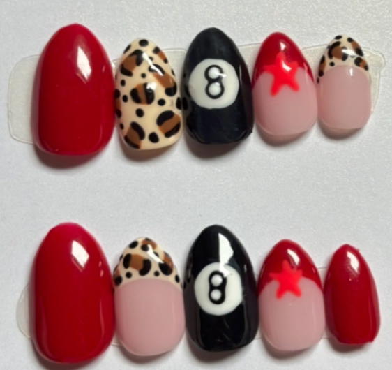 Red leopard and 8 ball nails with stars