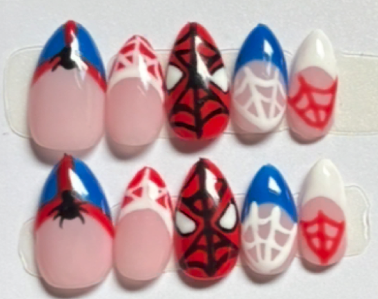 Red white and blue spider web superhero nails